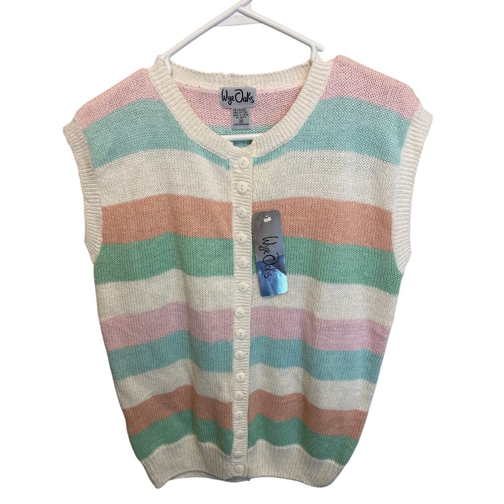 Wye Oaks 90's Vintage Pastel Striped Sleeveless Button Up Sweater Size Medium